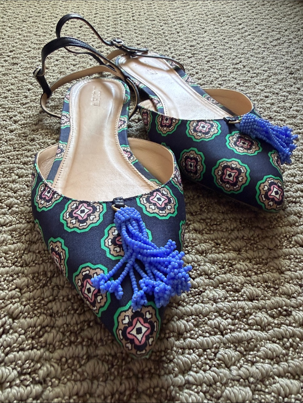 J. Crew - Women’s Navy Patterned Slingback Flats with Blue Tassel - Picture 5 of 6